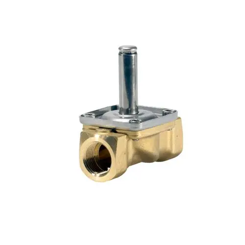 Magnetventil aus Messing mit einem geraden Anschluss. Der aktive Teil ist aus Metall. Produkt von Danfoss, geeignet für Anwendungen in der Wasser- und Heizungssteuerung.